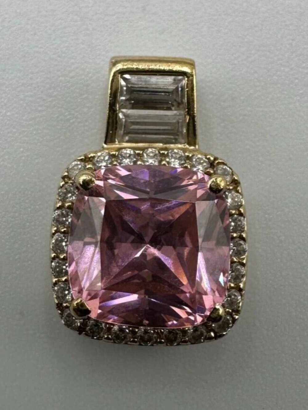 925 Sterling Silver Pink Cushion Cut Halo Pendant Gold Vermeil CZ